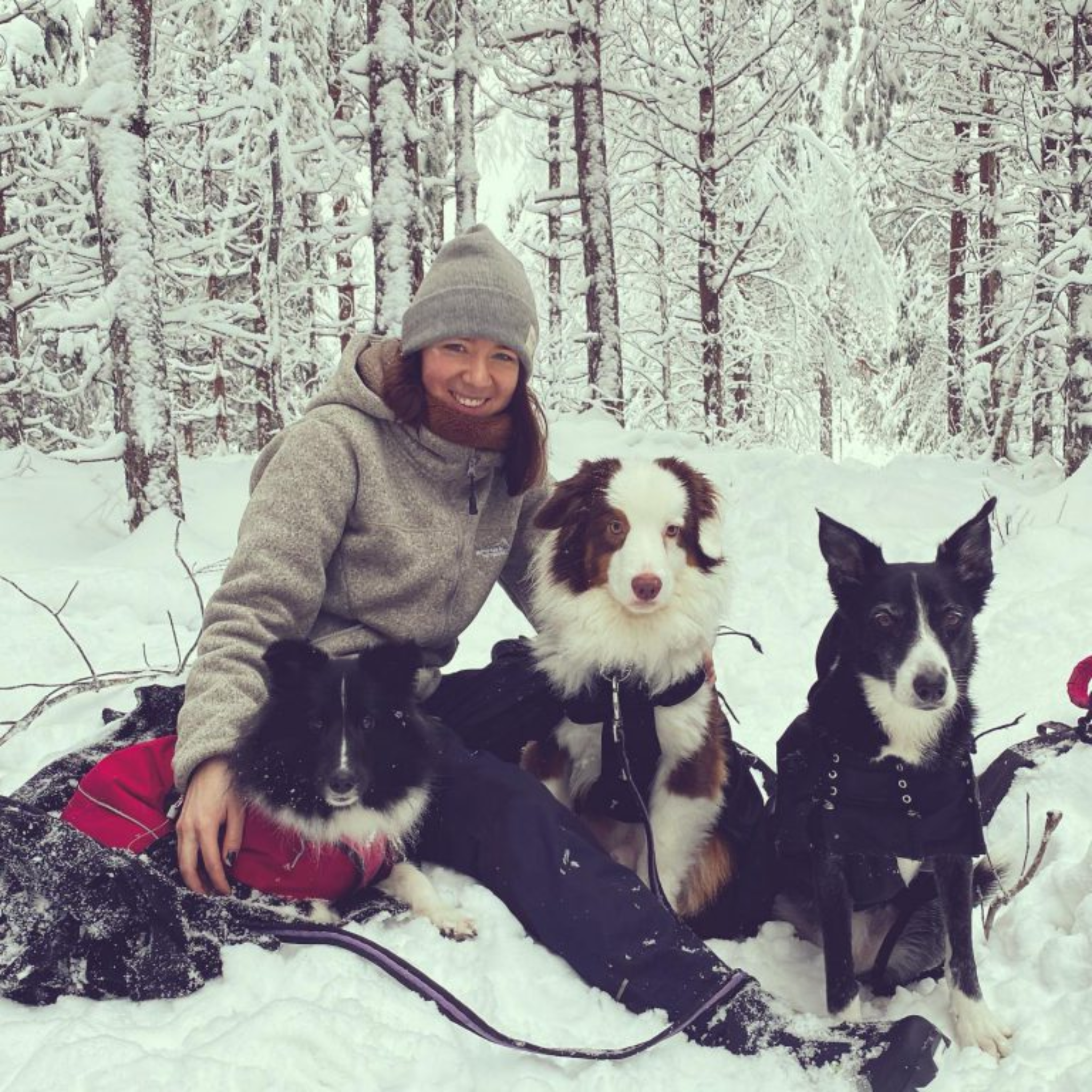 Elin med hundar i vintermiljö